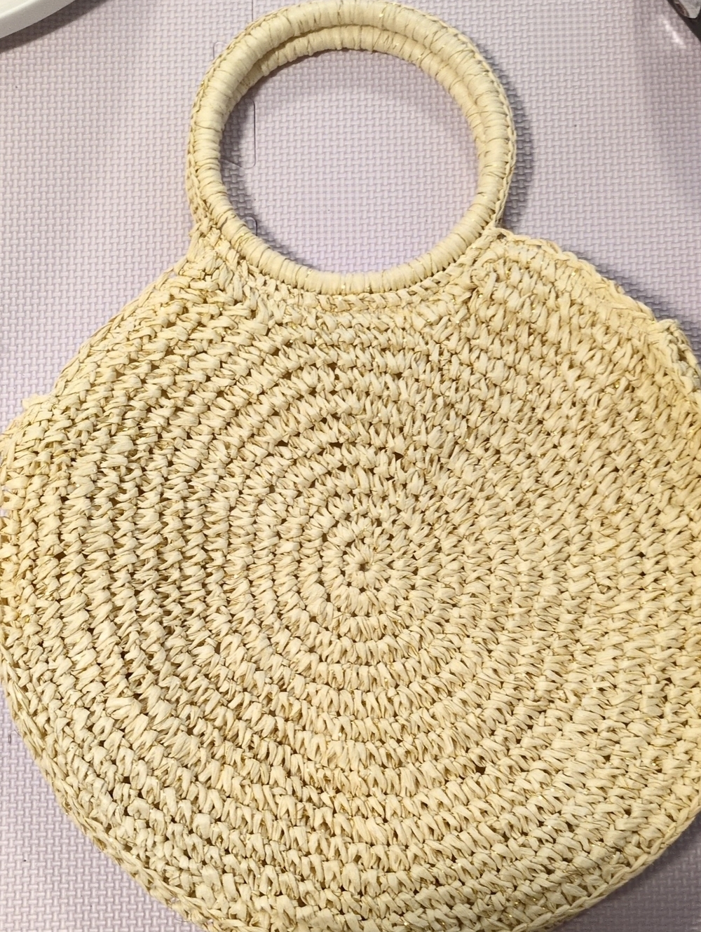 Round Natural Straw Tote Bag with Ring Handles - Cream and Gold